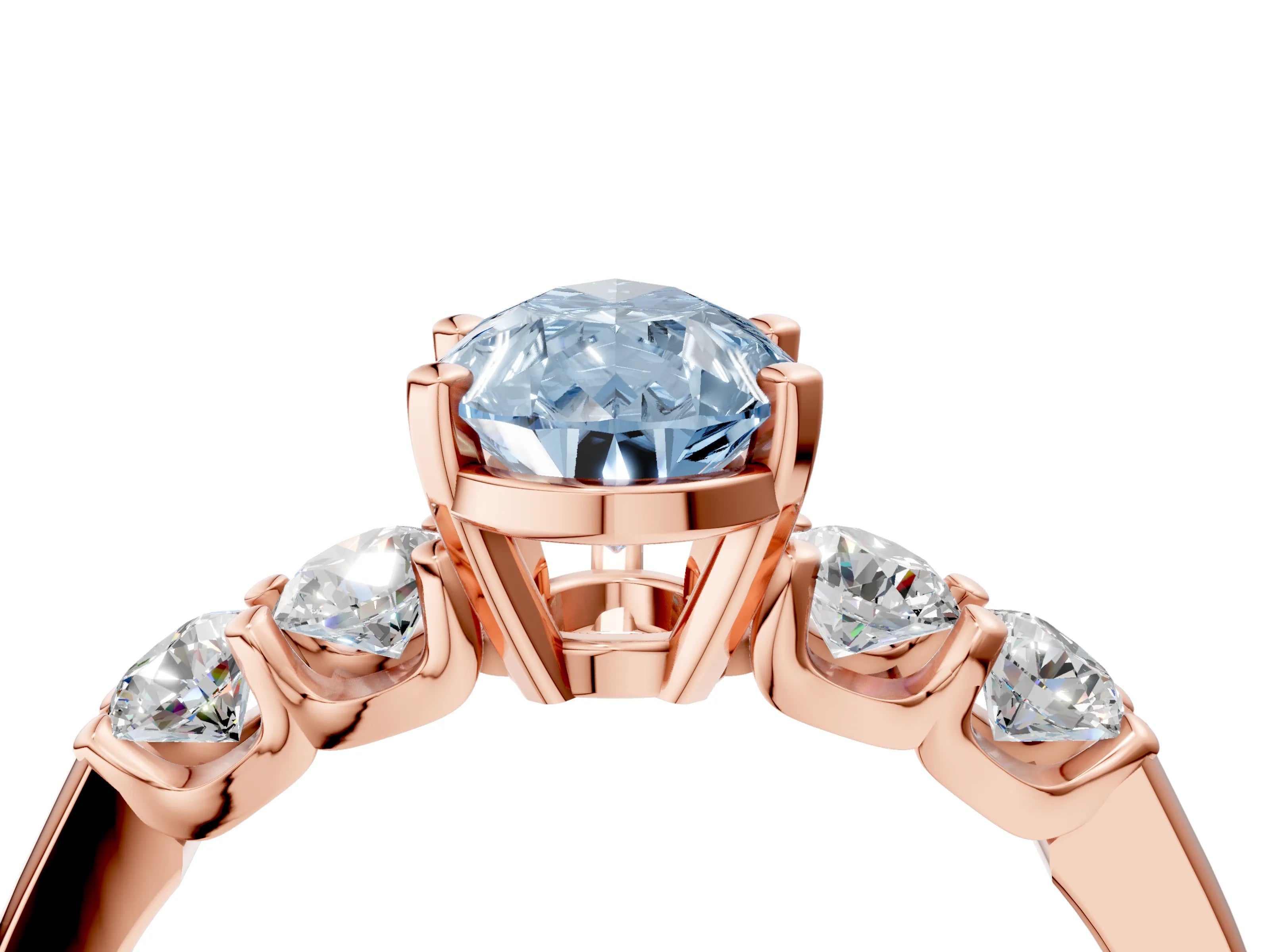 Rose gold Fancy Blue Pear Cut Brilliant Diamond Five-Stone Engagement Ring with Prong Setting on a Classic Band_7