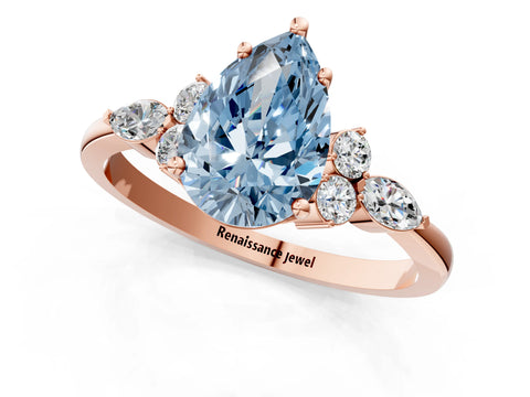 Rose gold Fancy Blue Pear Cut Brilliant Diamond Solitaire Ring with Pear Side Stones and Four-Prong Setting_4