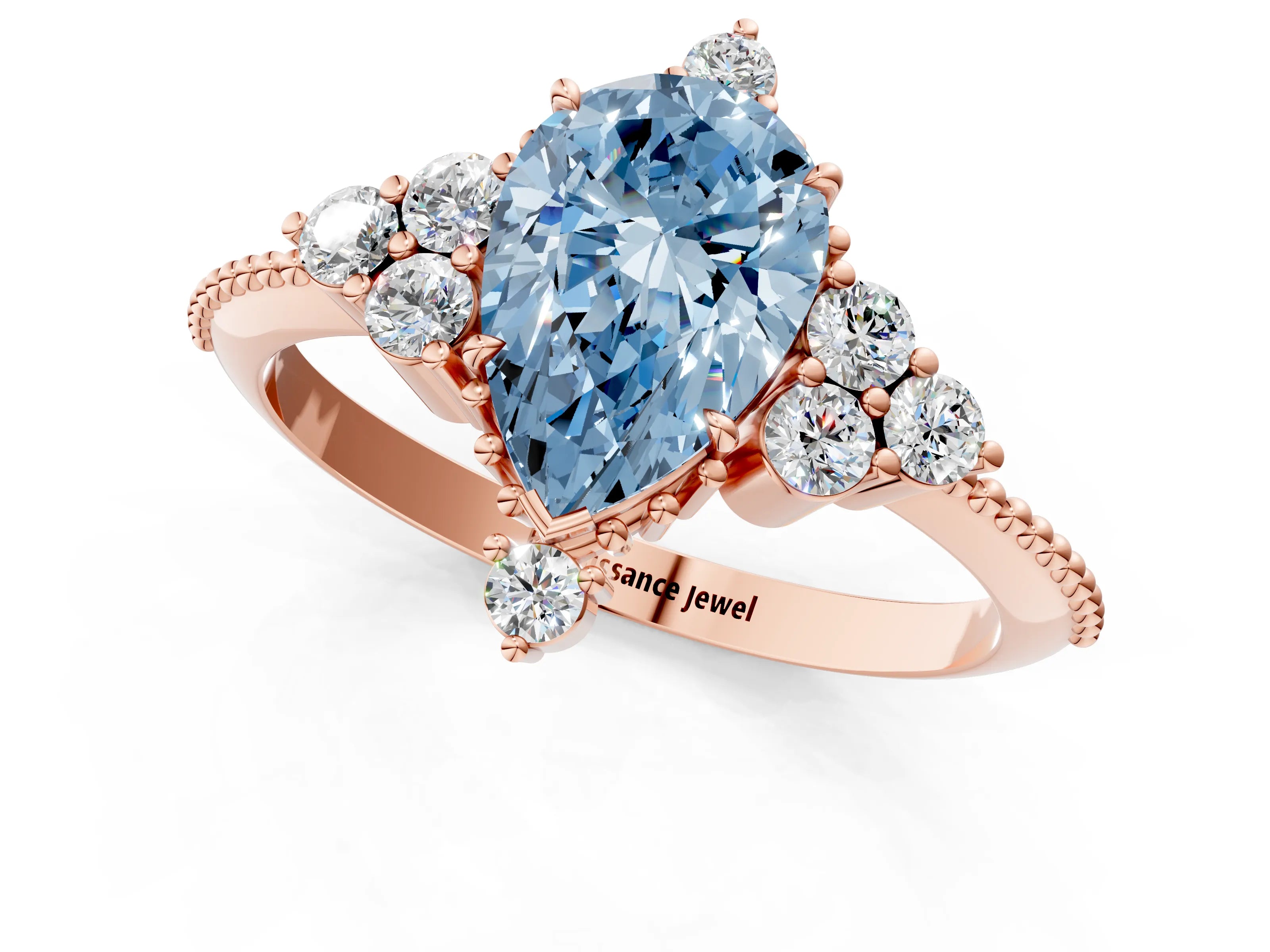 Rose gold Fancy Blue Pear Cut Brilliant Diamond with Cluster Setting on a Beaded Band and Four-Prong Setting_1