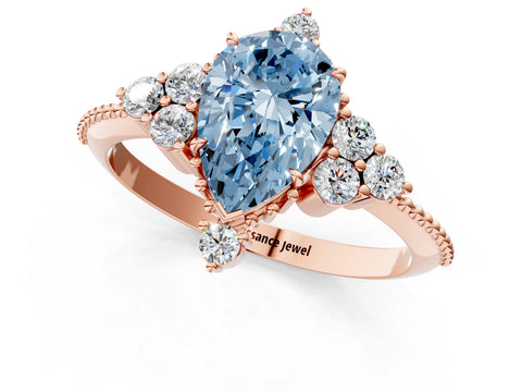 Rose gold Fancy Blue Pear Cut Brilliant Diamond with Cluster Setting on a Beaded Band and Four-Prong Setting_1