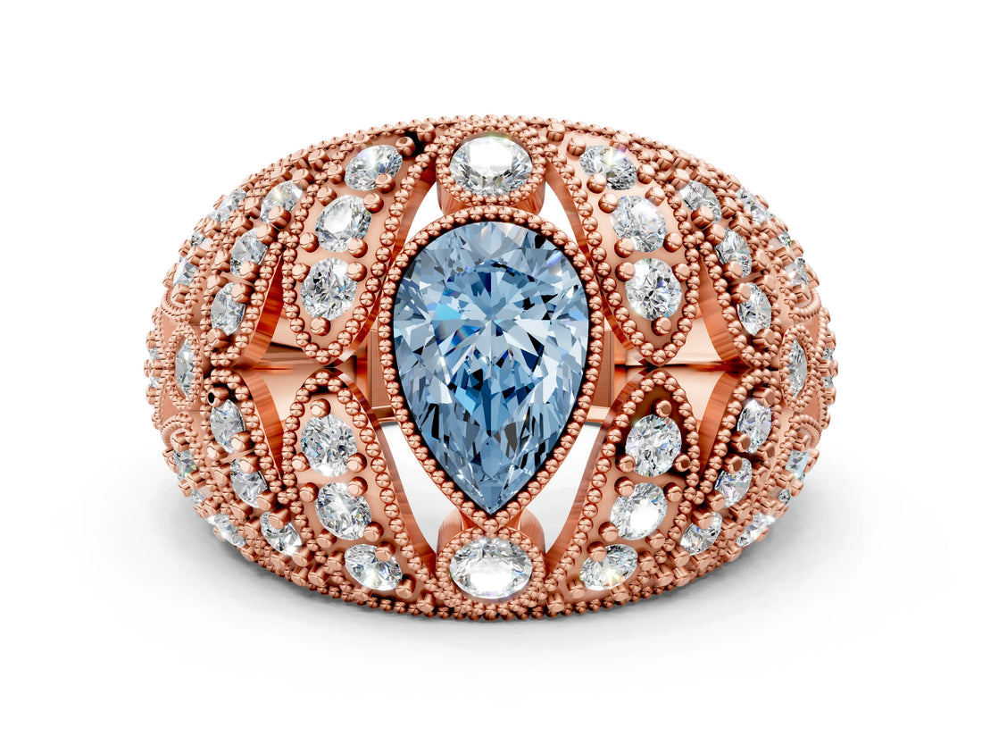 Rose gold Fancy Blue Pear Cut Brilliant Halo Pave Diamond Milgrain Ring