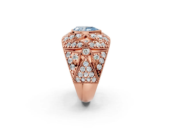 Rose gold Fancy Blue Pear Cut Brilliant Halo Pave Diamond Milgrain Ring