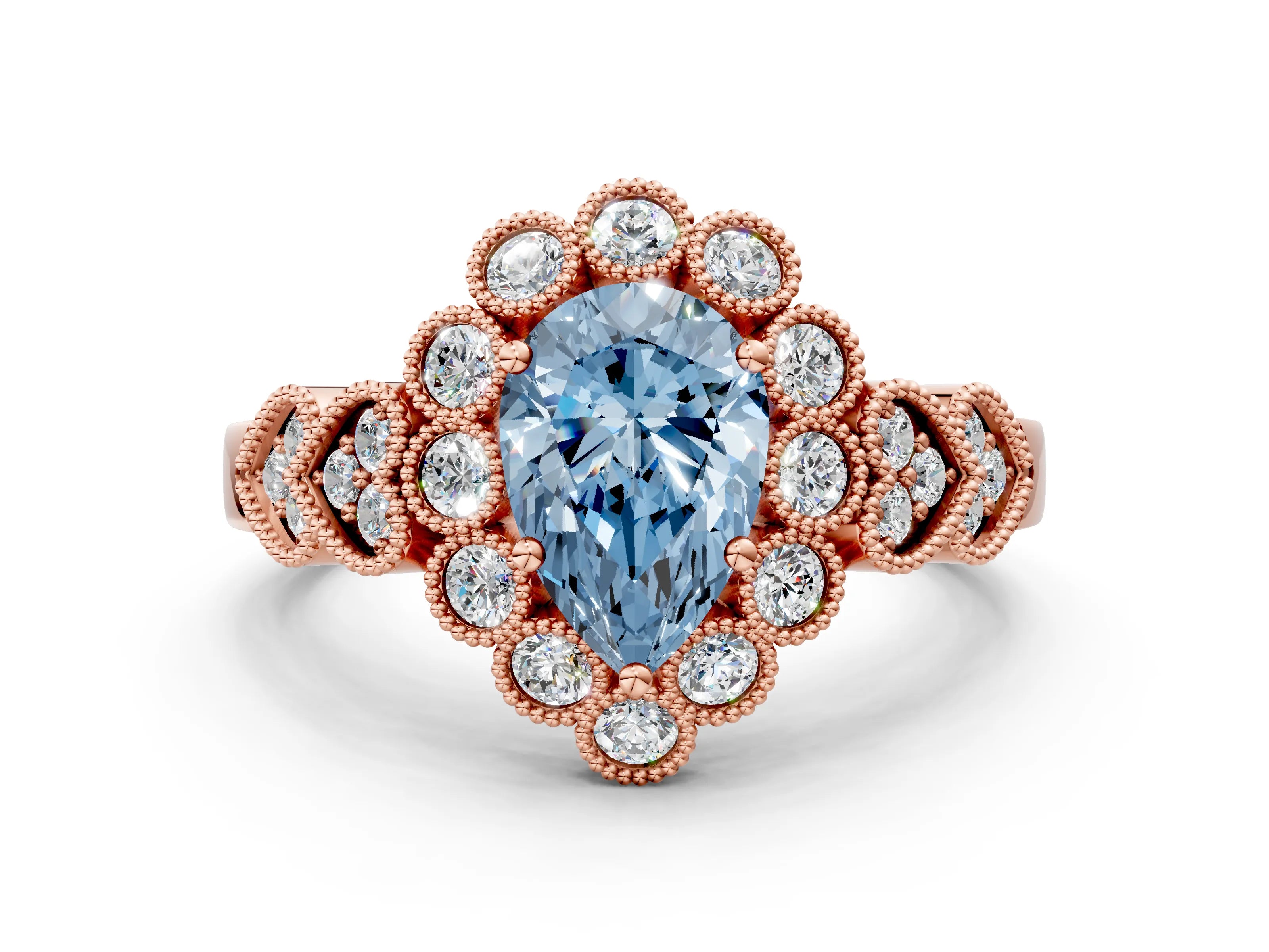 Rose gold Fancy Blue Pear Cut Brilliant Milgrain Pave Heart Band Solitaire Ring