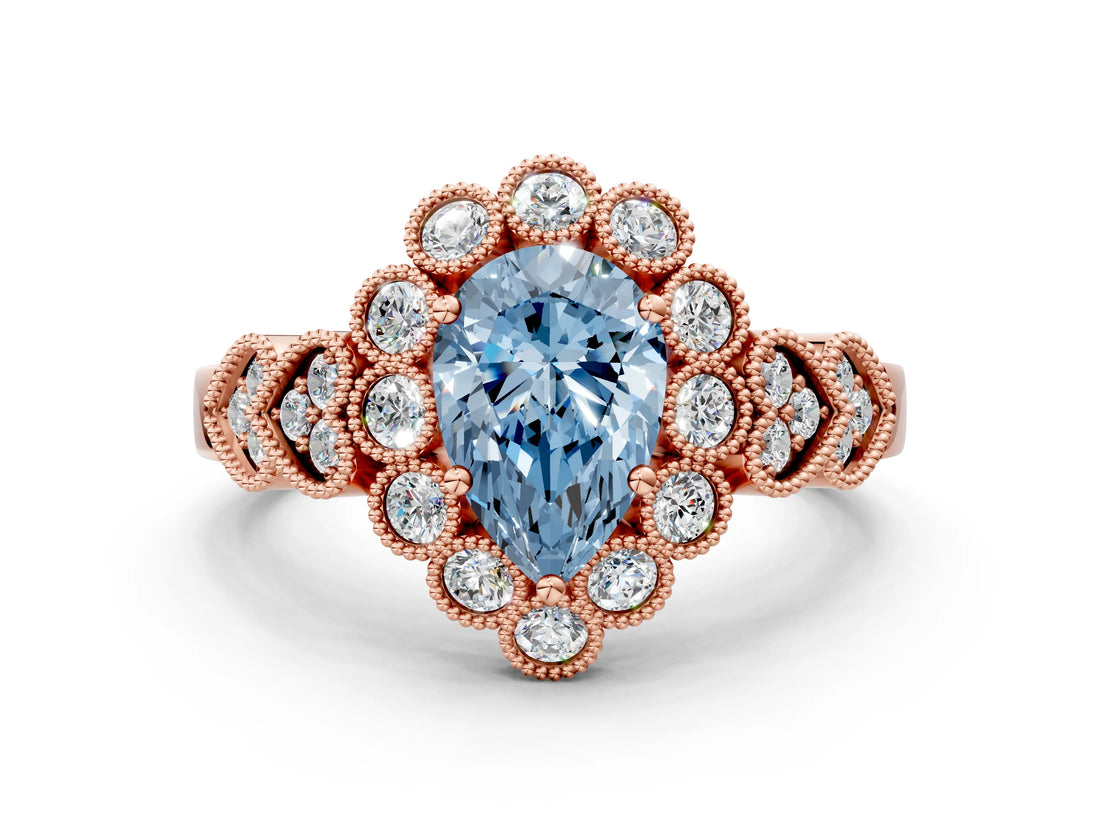 Rose gold Fancy Blue Pear Cut Brilliant Milgrain Pave Heart Band Solitaire Ring