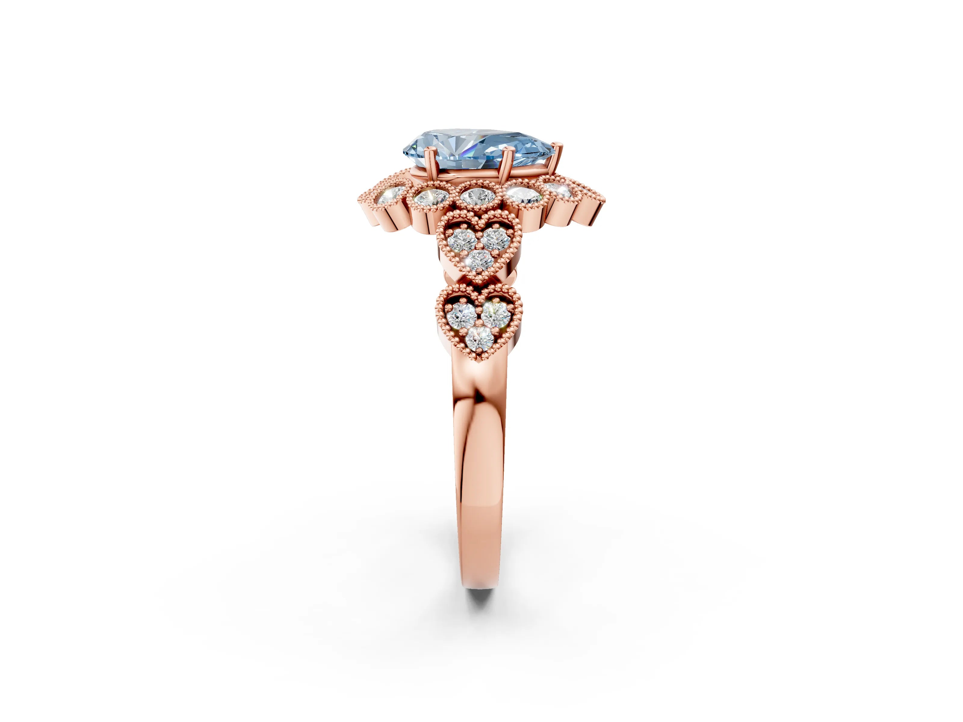 Rose gold Fancy Blue Pear Cut Brilliant Milgrain Pave Heart Band Solitaire Ring_2