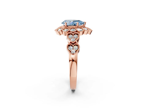 Rose gold Fancy Blue Pear Cut Brilliant Milgrain Pave Heart Band Solitaire Ring_2