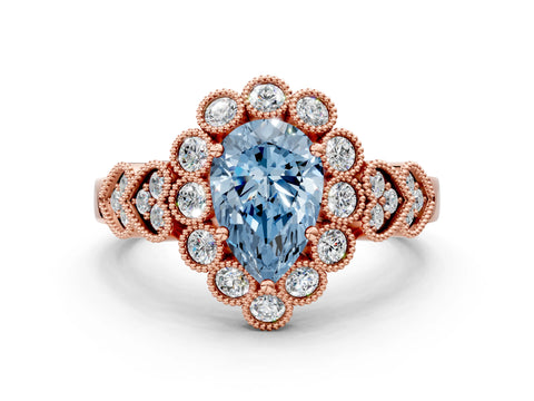 Rose gold Fancy Blue Pear Cut Brilliant Milgrain Pave Heart Band Solitaire Ring