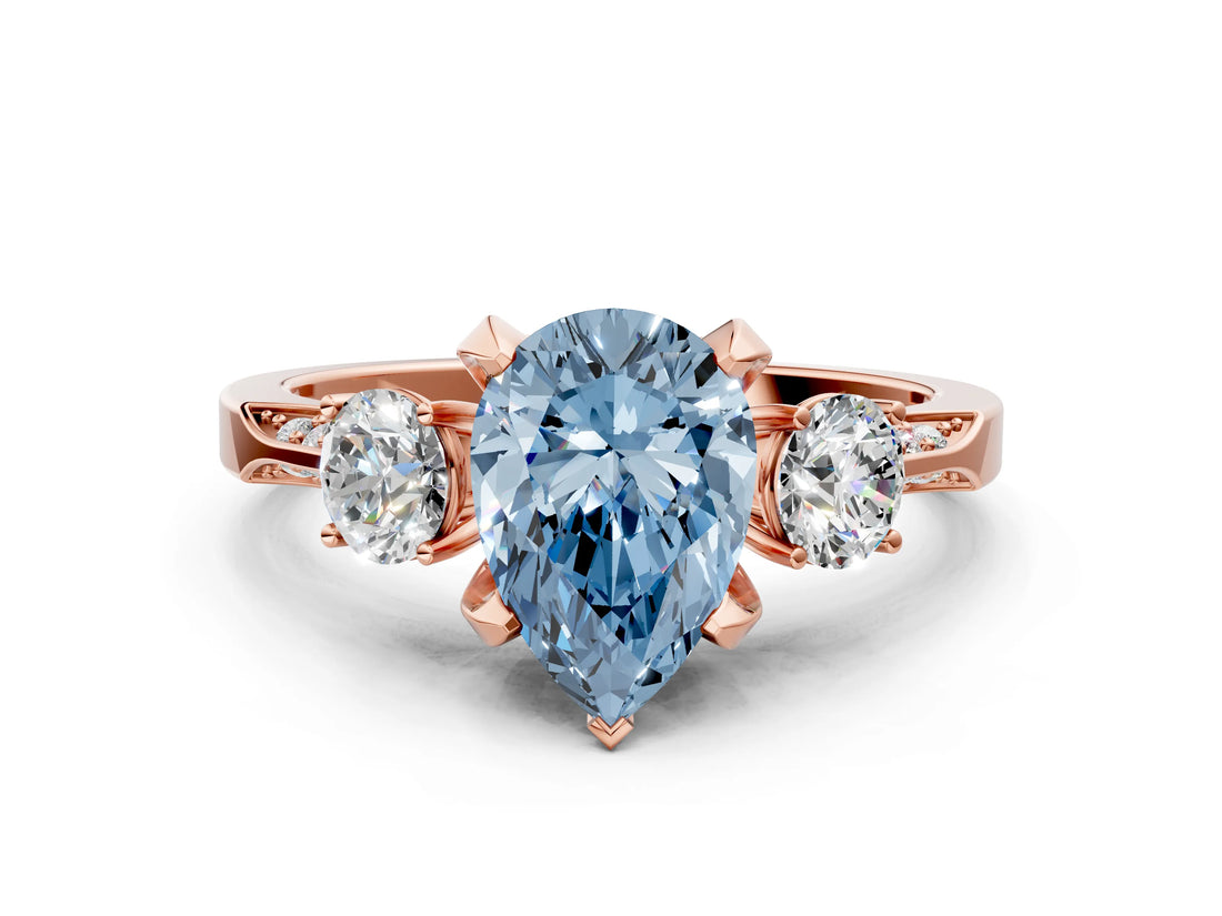 Rose gold Fancy Blue Pear Cut Brilliant Three-Stone Diamond Ring with Pavé Band and Four-Prong Setting_3