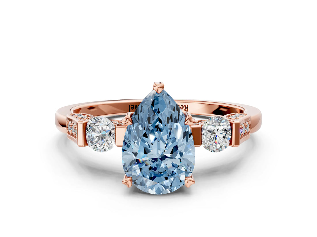 Rose gold Fancy Blue Pear Cut Brilliant Three-Stone Pave Band with Four-Prong Setting