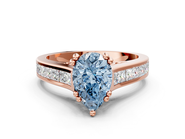 Rose Gold Pear-Shaped Channel Set Solitaire Engagement Ring Setting for Fancy Blue Center with Double Claw Prongs