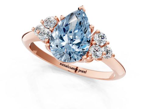 Rose gold Fancy Blue Pear Cut Cut Diamond Cluster Ring with Solitaire Band and Four-Prong Setting_13