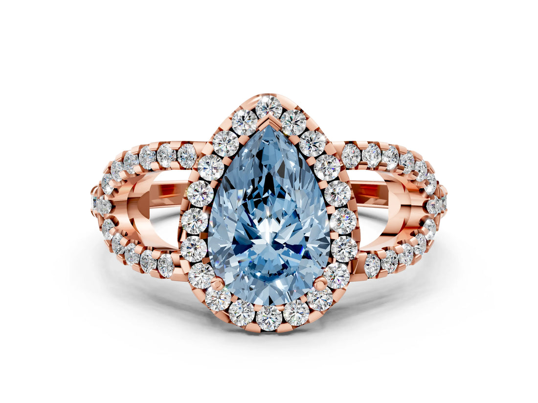 Rose gold Fancy Blue Pear Cut Cut Diamond Halo Engagement Ring with Open Split Pavé Band