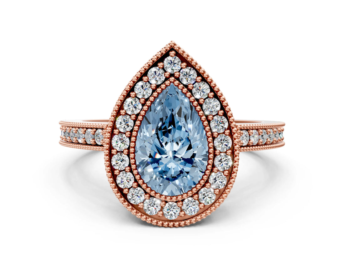 Rose gold Fancy Blue Pear Cut-Cut Diamond Halo Engagement Ring with Pave Band and Prong Setting_12