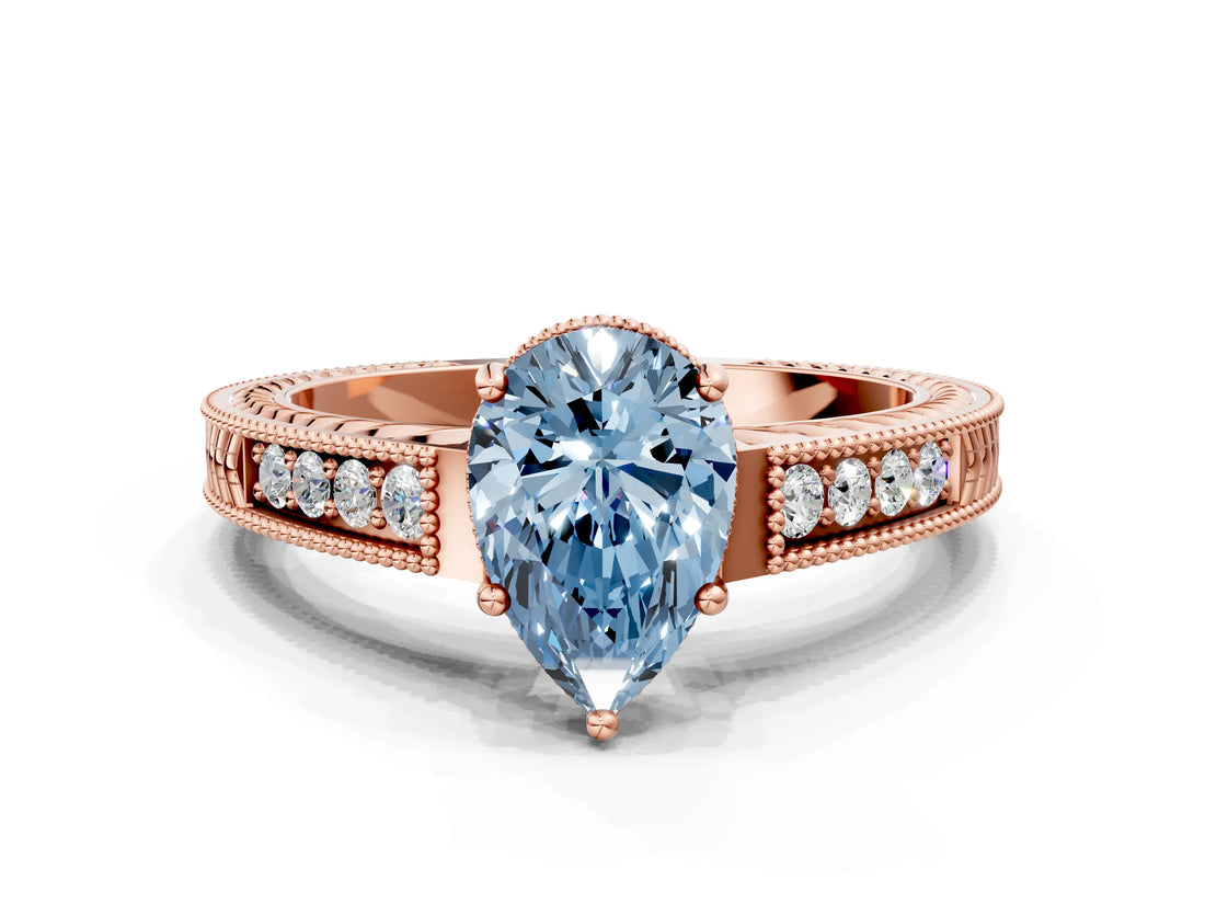 Rose gold Fancy Blue Pear Cut Cut Diamond Milgrain Pave Band Four-Prong Setting Ring_3