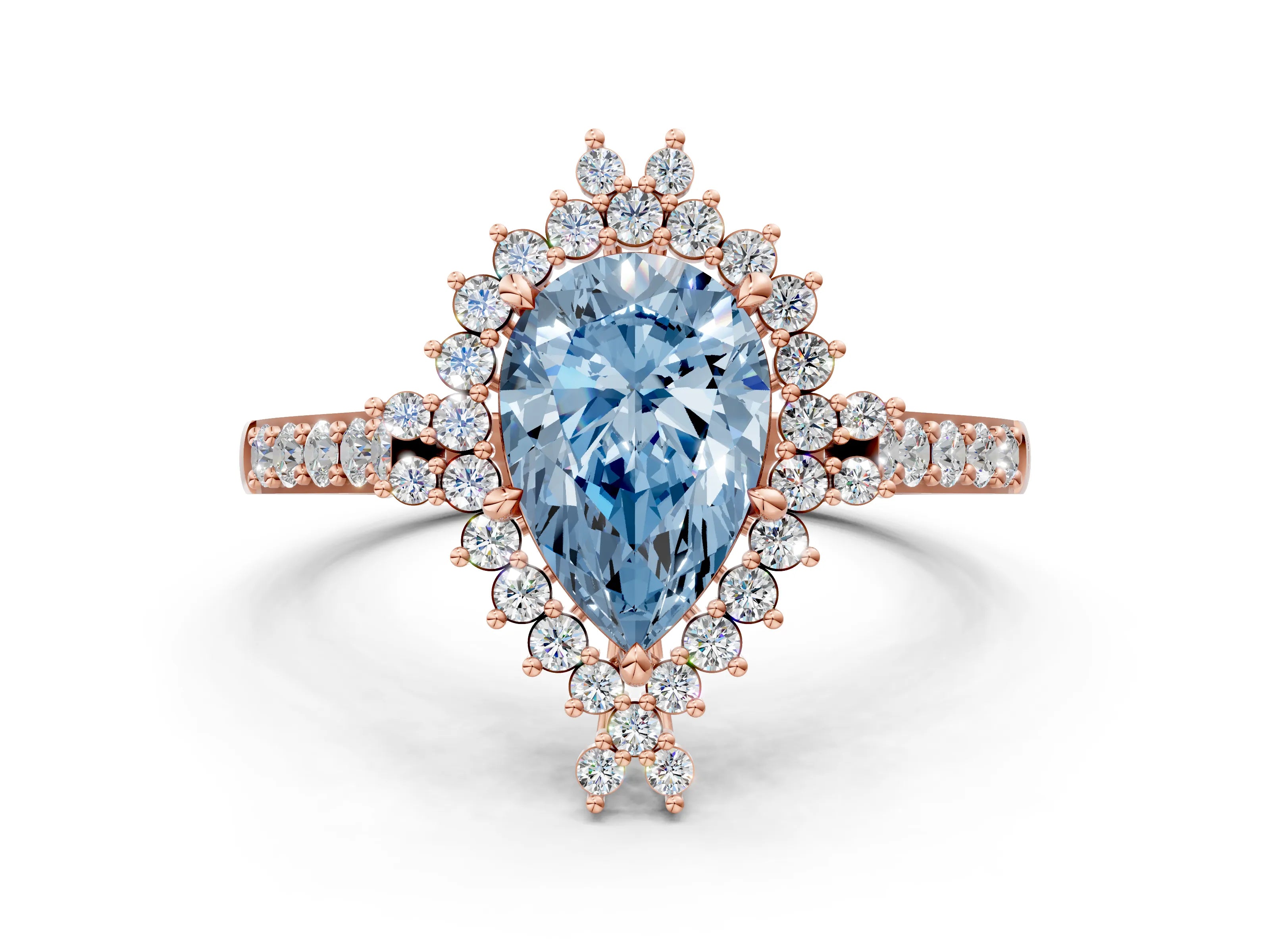 Rose gold Fancy Blue Pear Cut Cut Diamond Sunburst Halo Engagement Ring with Pavé Band