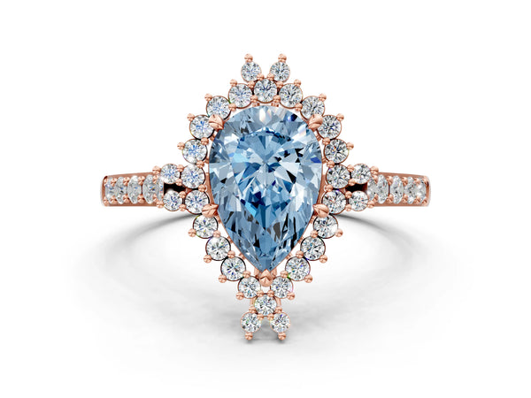 Rose gold Fancy Blue Pear Cut Cut Diamond Sunburst Halo Engagement Ring with Pavé Band