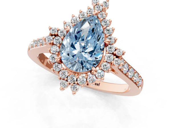 Rose gold Fancy Blue Pear Cut Cut Diamond Sunburst Halo Engagement Ring with Pavé Band