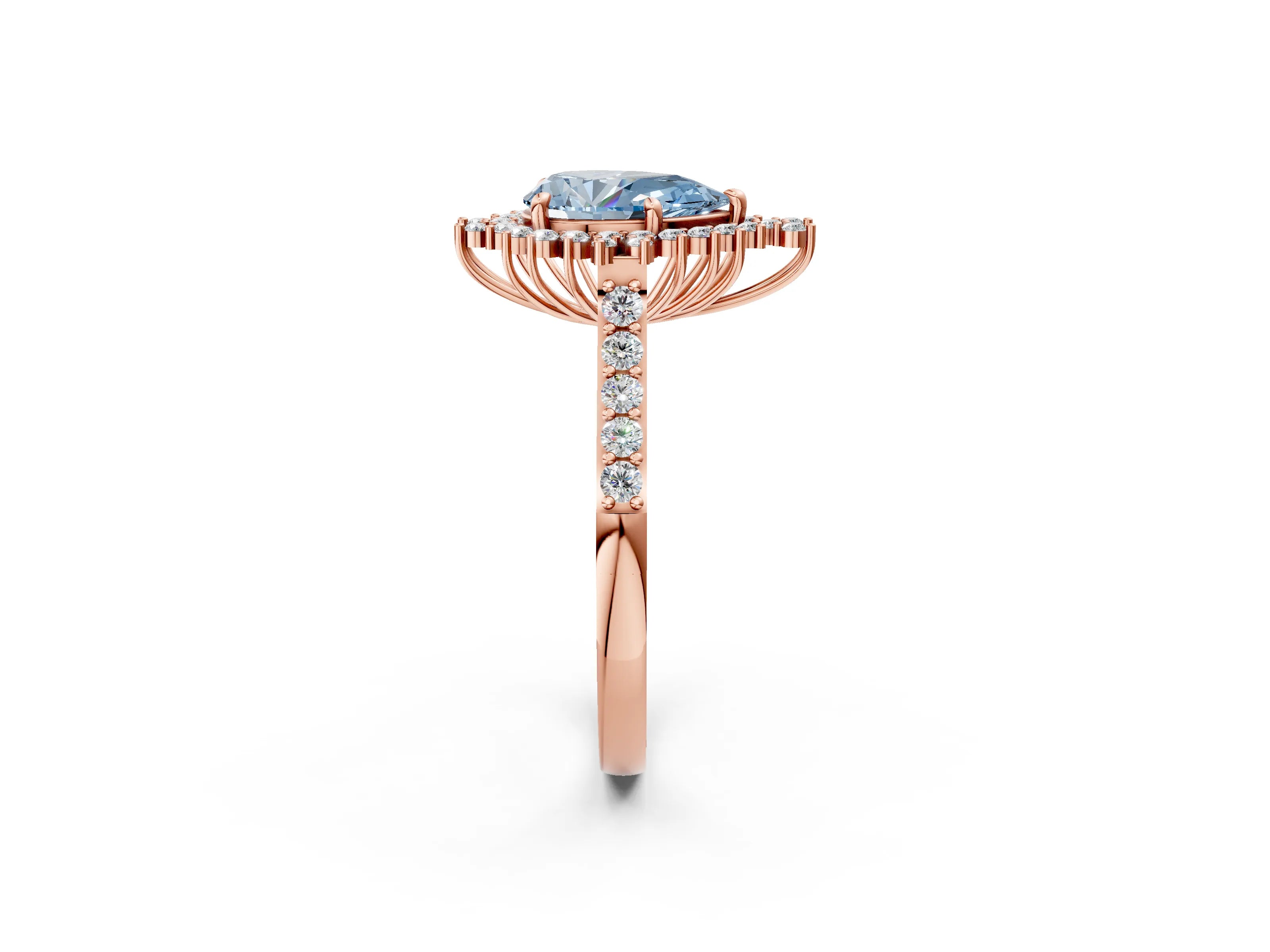 Rose gold Fancy Blue Pear Cut Cut Diamond Sunburst Halo Engagement Ring with Pavé Band_2
