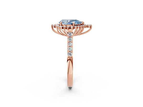 Rose gold Fancy Blue Pear Cut Cut Diamond Sunburst Halo Engagement Ring with Pavé Band