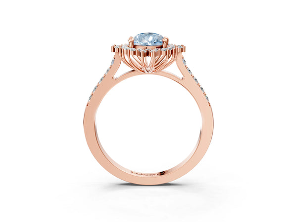 Rose gold Fancy Blue Pear Cut Cut Diamond Sunburst Halo Engagement Ring with Pavé Band