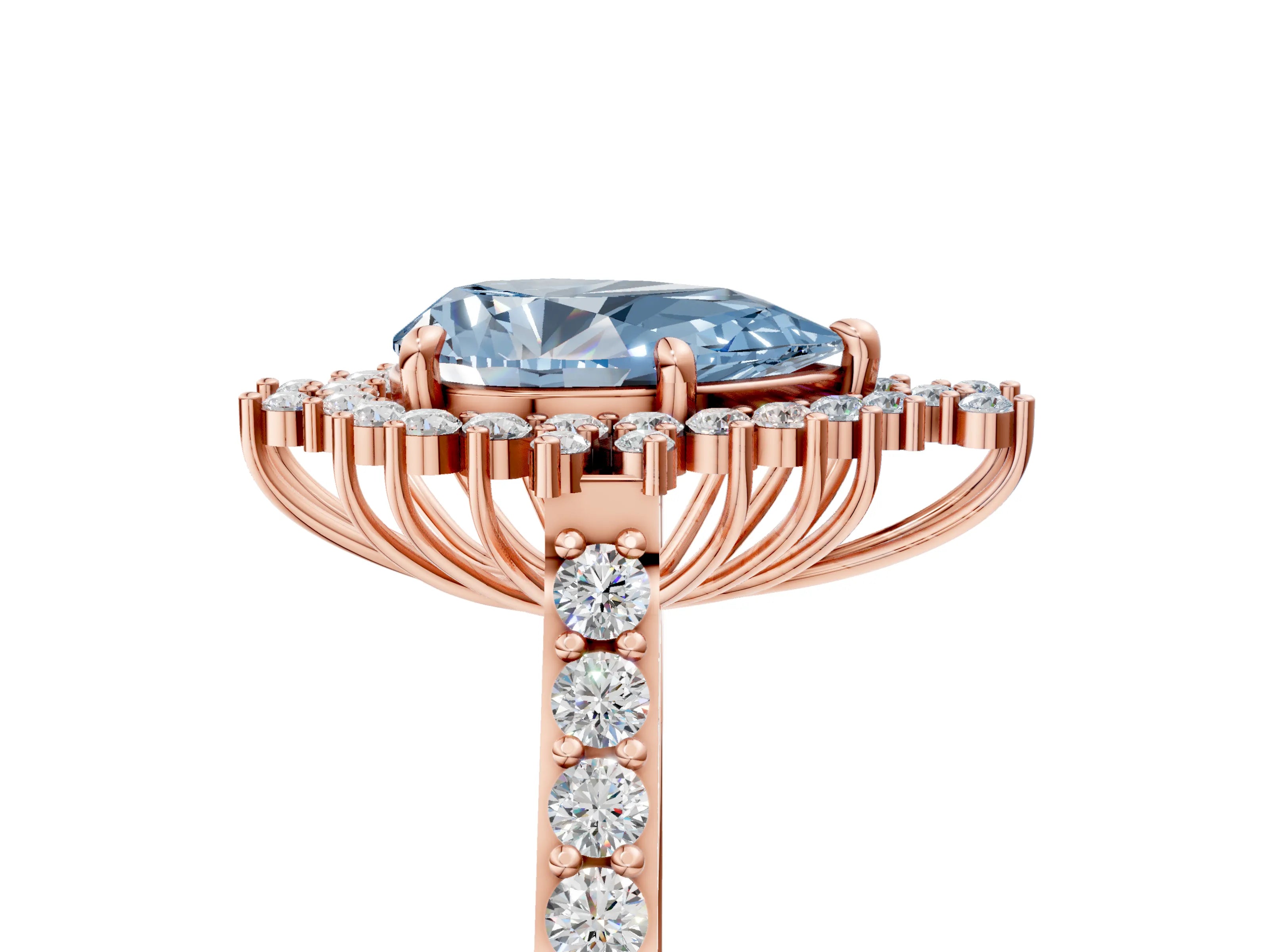Rose gold Fancy Blue Pear Cut Cut Diamond Sunburst Halo Engagement Ring with Pavé Band_5