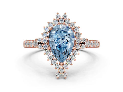 Rose gold Fancy Blue Pear Cut Cut Diamond Sunburst Halo Engagement Ring with Pavé Band