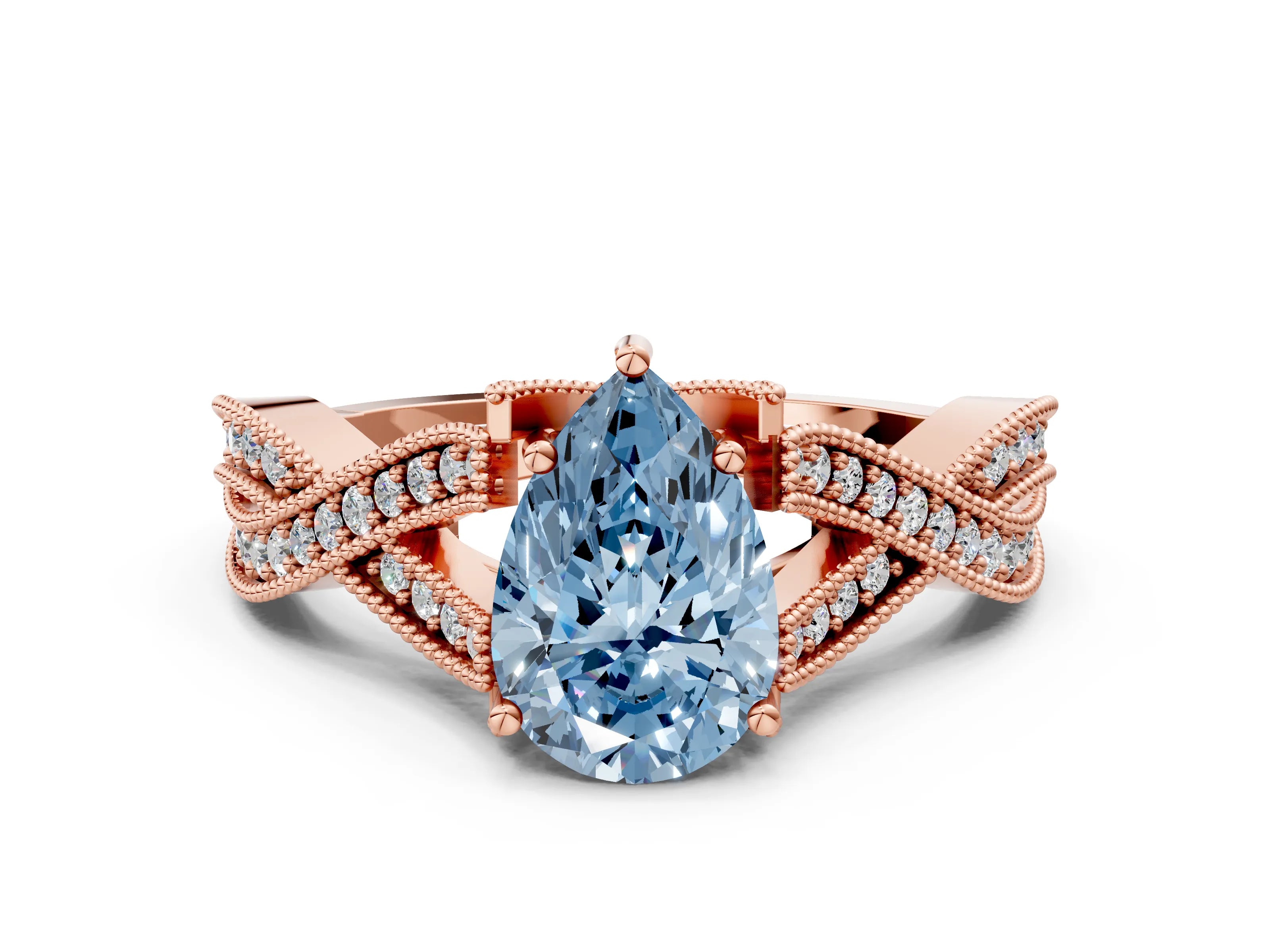 Rose gold Fancy Blue Pear Cut Cut Diamond Twisted Band with Milgrain Pave Setting and Four-Prong Setting