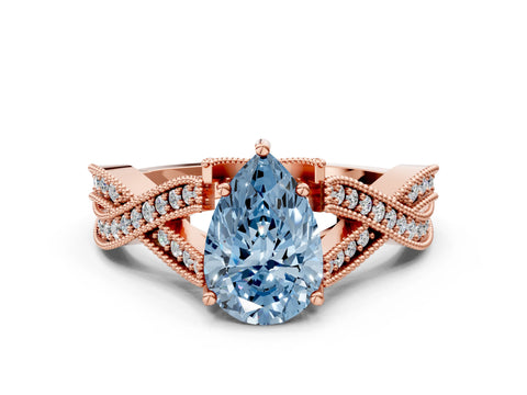 Rose gold Fancy Blue Pear Cut Cut Diamond Twisted Band with Milgrain Pave Setting and Four-Prong Setting