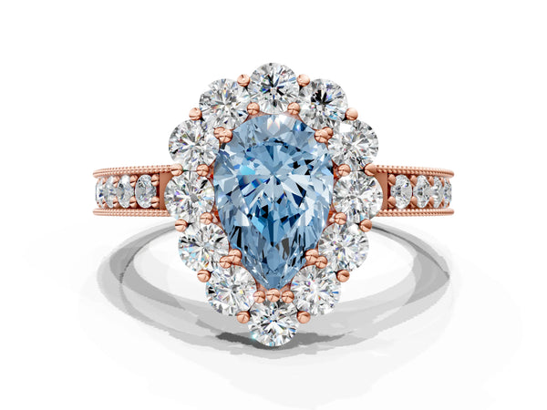 Rose gold Fancy Blue Pear Cut Cut Halo Diamond Pavé Engagement Ring with Milgrain Detailing