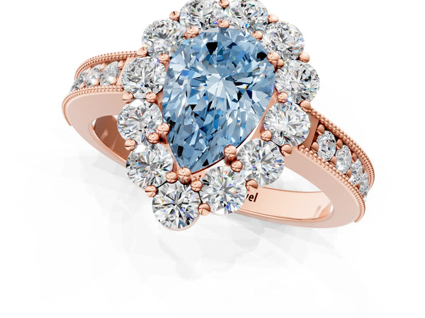 Rose gold Fancy Blue Pear Cut Cut Halo Diamond Pavé Engagement Ring with Milgrain Detailing