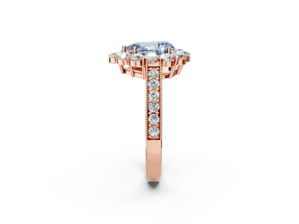Rose gold Fancy Blue Pear Cut Cut Halo Diamond Pavé Engagement Ring with Milgrain Detailing