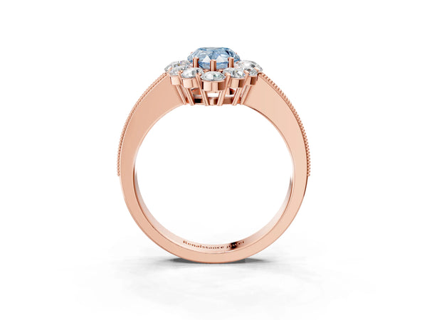 Rose gold Fancy Blue Pear Cut Cut Halo Diamond Pavé Engagement Ring with Milgrain Detailing