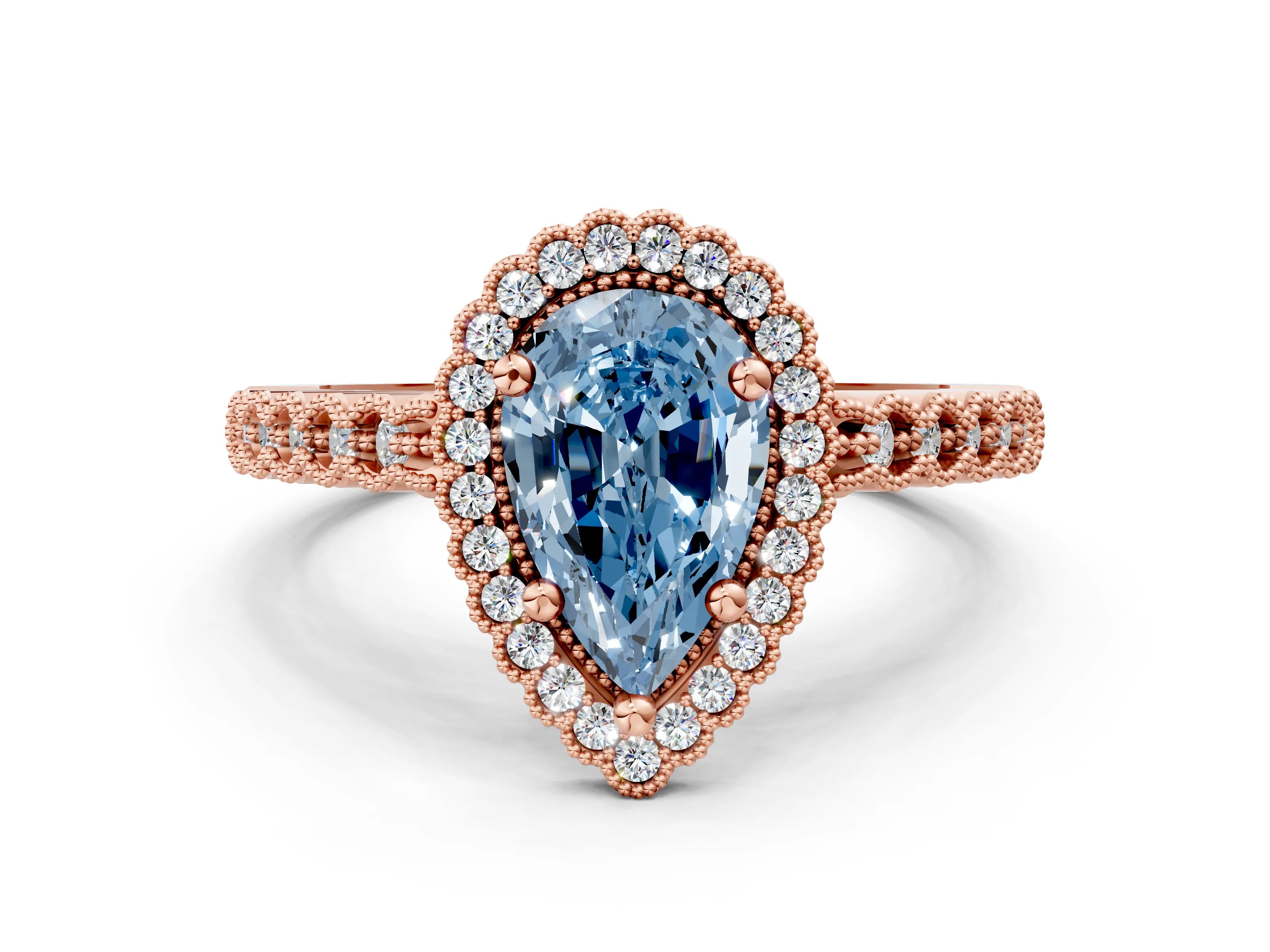 Rose gold Fancy Blue Pear Cut Cut Halo Pavé Solitaire Ring with Milgrain Band