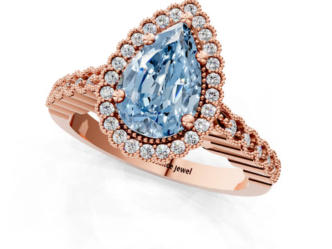 Rose gold Fancy Blue Pear Cut Cut Halo Pavé Solitaire Ring with Milgrain Band_1