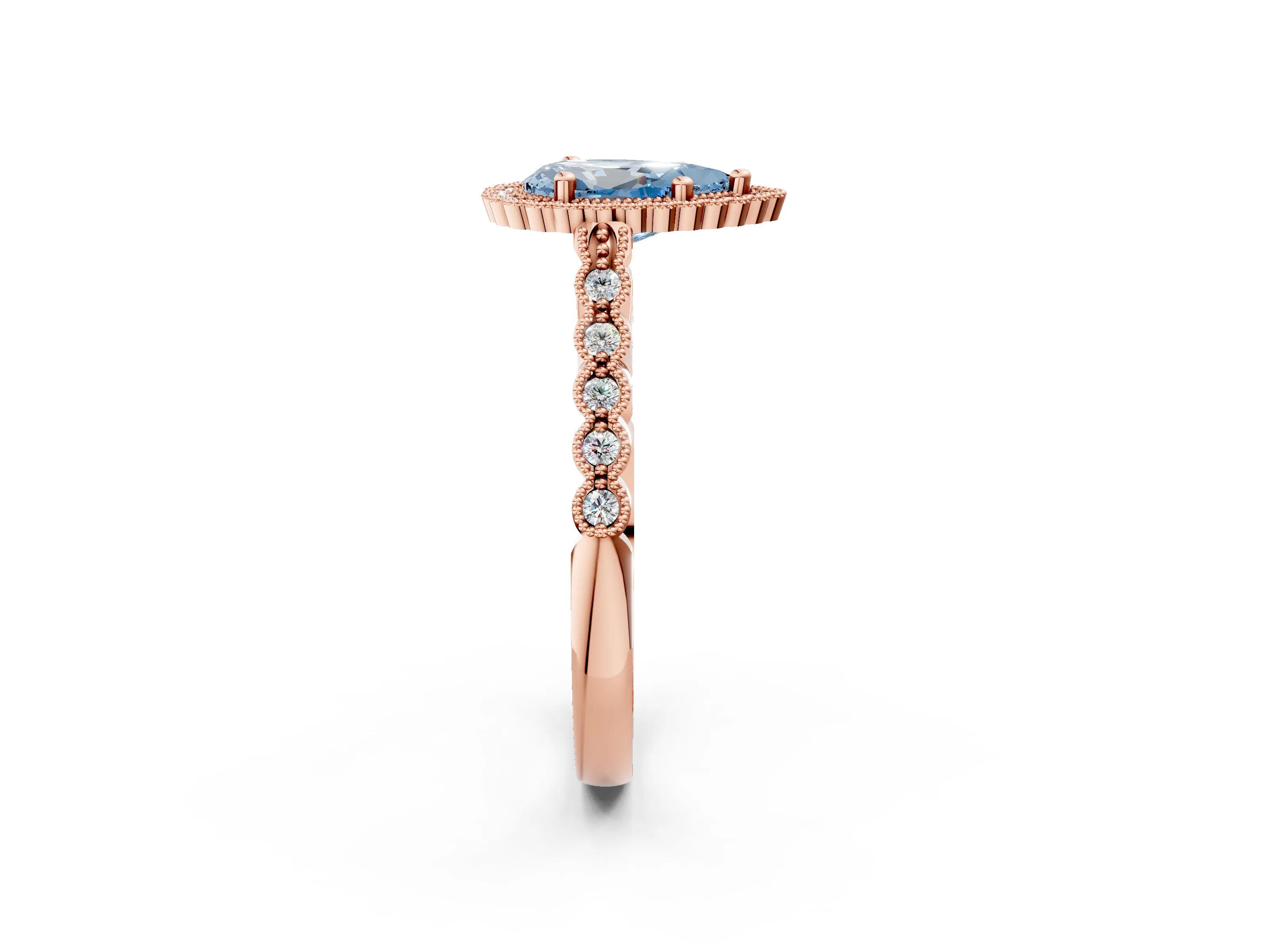 Rose gold Fancy Blue Pear Cut Cut Halo Pavé Solitaire Ring with Milgrain Band_2
