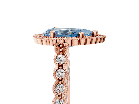 Rose gold Fancy Blue Pear Cut Cut Halo Pavé Solitaire Ring with Milgrain Band_5