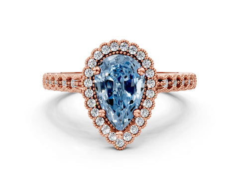 Rose gold Fancy Blue Pear Cut Cut Halo Pavé Solitaire Ring with Milgrain Band