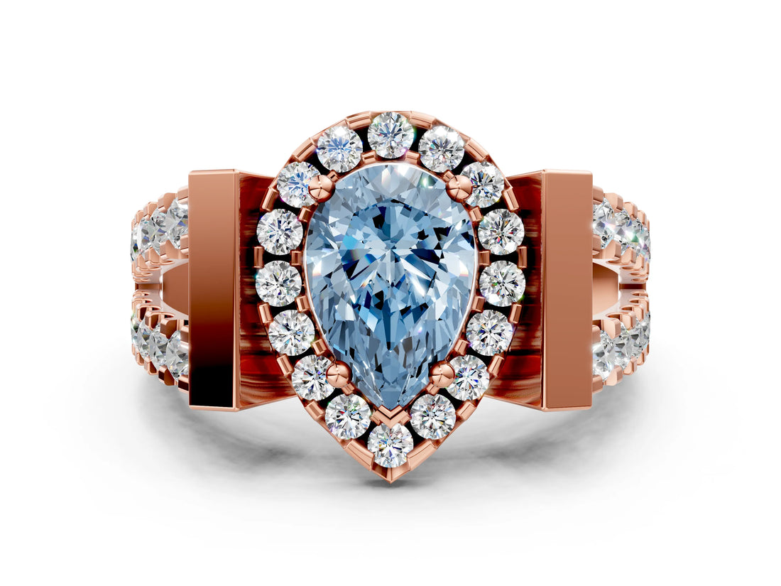 Rose gold Fancy Blue Pear Cut Cut Halo Split Shank Prong Set Ring