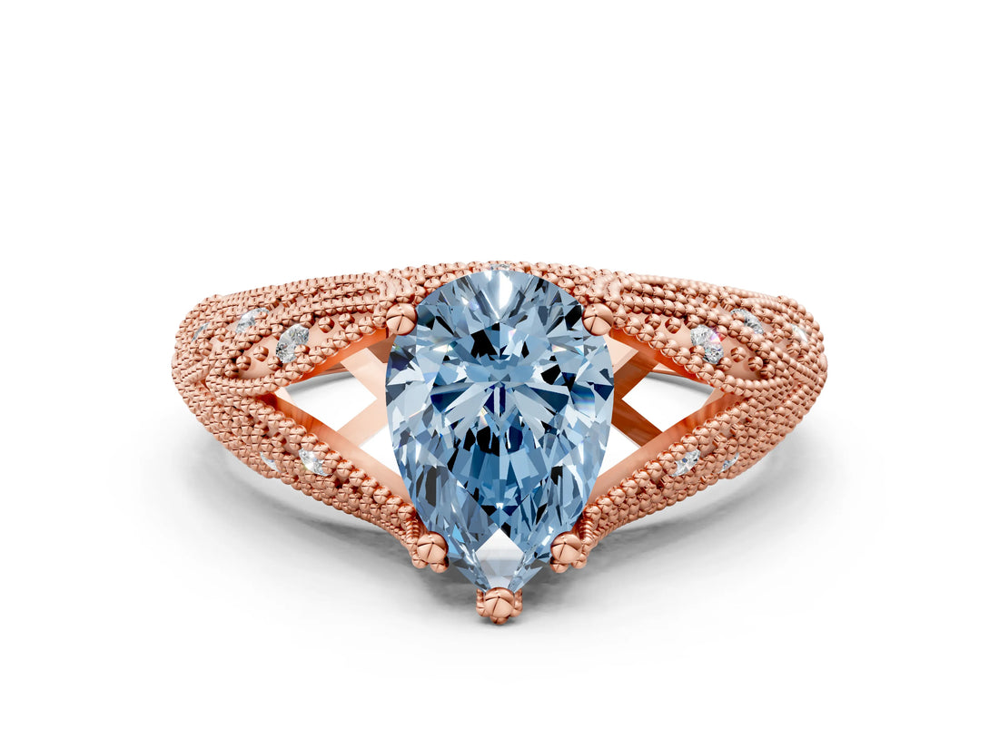Rose gold Fancy Blue Pear Cut Cut Milgrain Pave Diamond Engagement Ring with Four-Prong Setting_3
