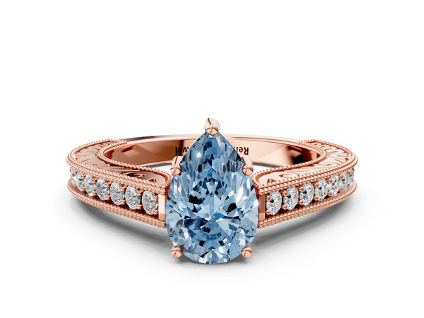 Rose gold Fancy Blue Pear Cut Cut Pave Band Milgrain Solitaire Ring