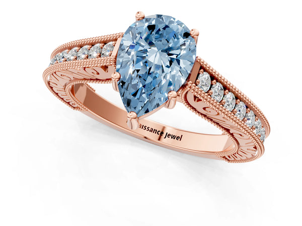 Rose gold Fancy Blue Pear Cut Cut Pave Band Milgrain Solitaire Ring