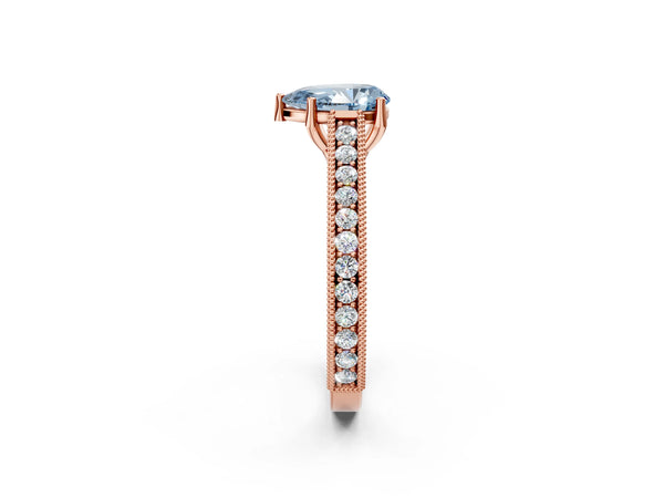 Rose gold Fancy Blue Pear Cut Cut Pave Band Milgrain Solitaire Ring