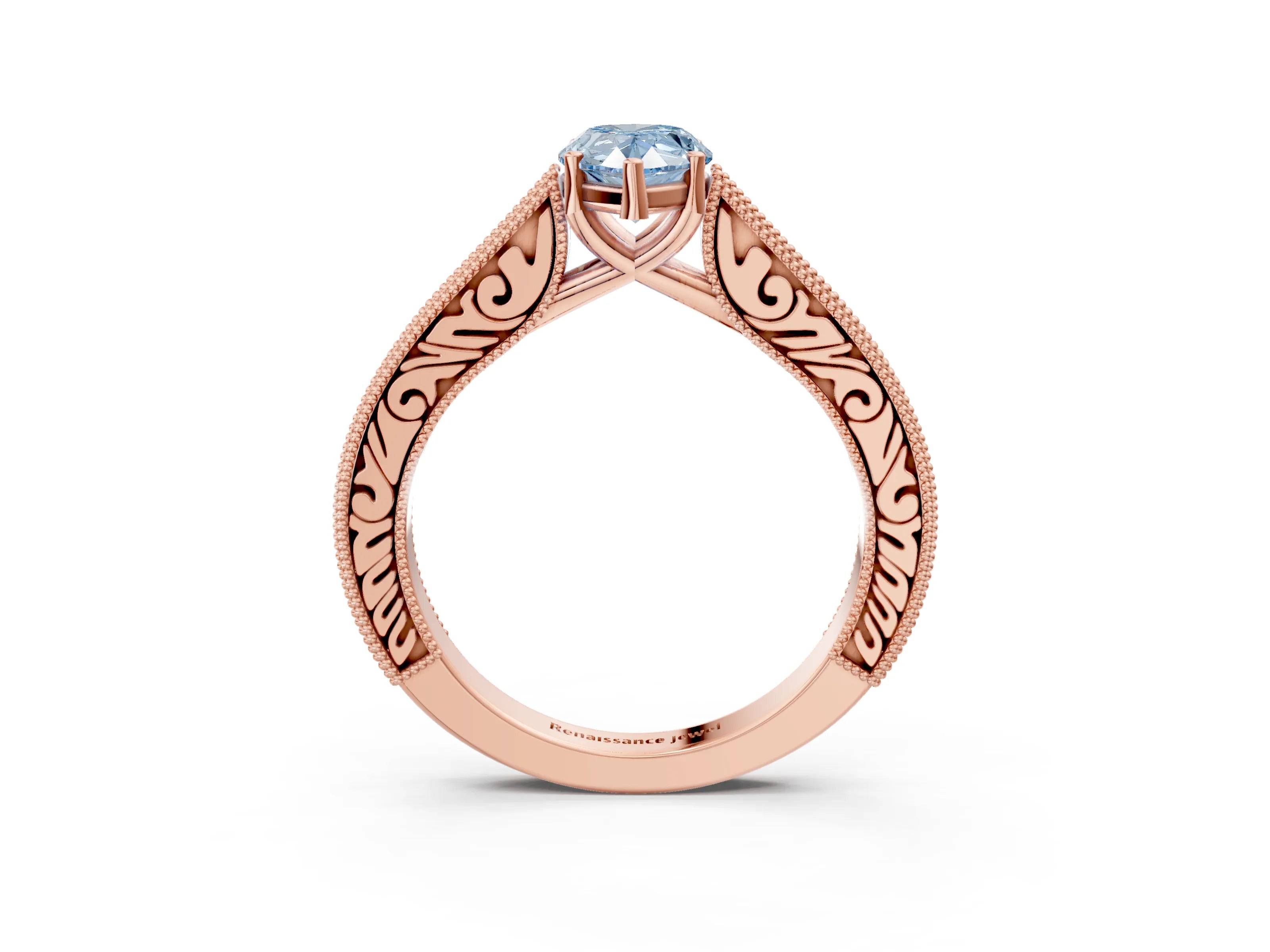 Rose gold Fancy Blue Pear Cut Cut Pave Band Milgrain Solitaire Ring_3