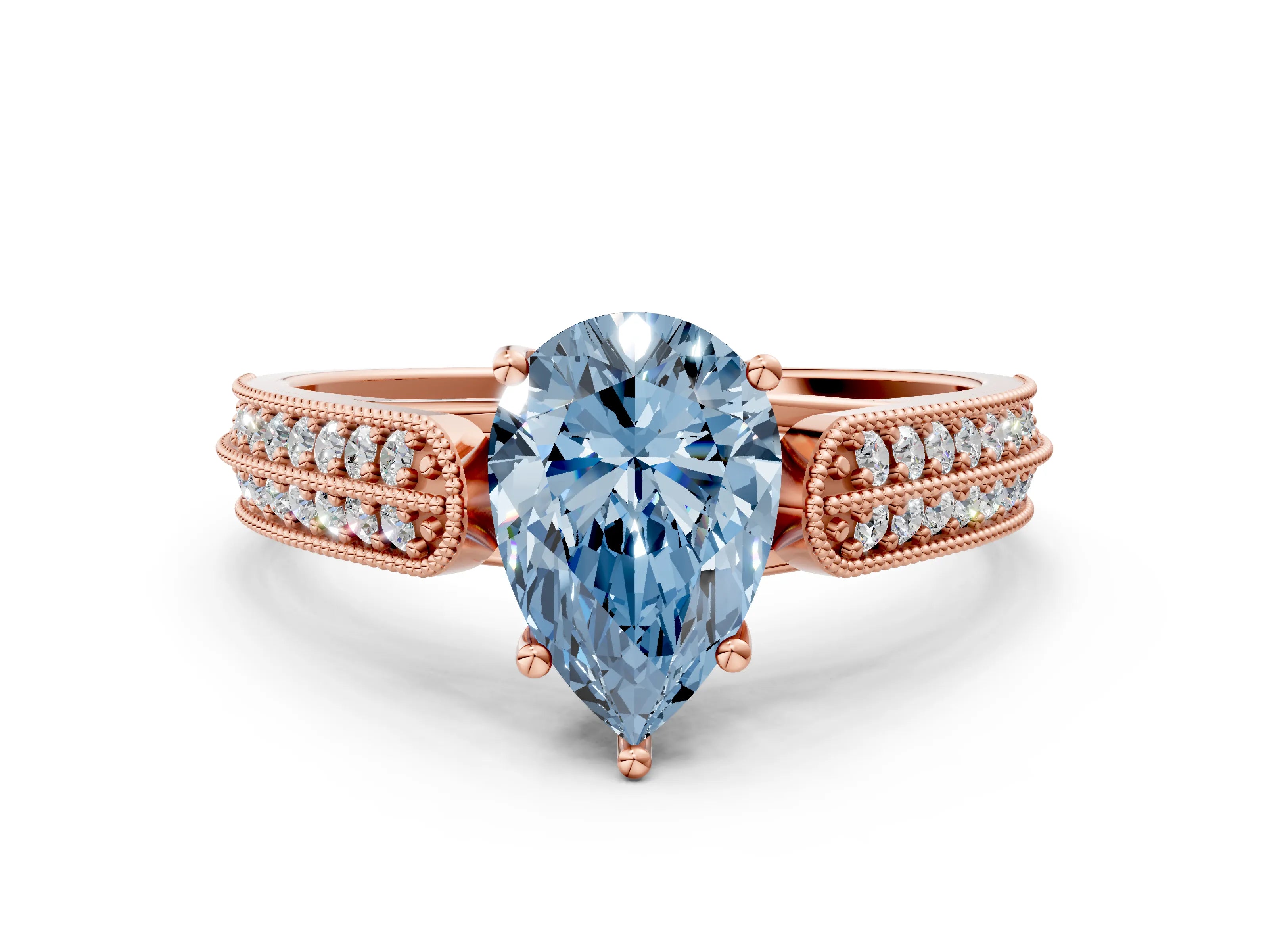 Rose gold Fancy Blue Pear Cut Cut Pave Split Shank Engagement Ring with Four-Prong Setting