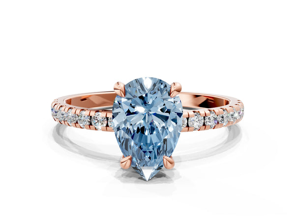Rose gold Fancy Blue Pear Cut Diamond Brilliant Solitaire Ring with Pavé Band and Four-Prong Setting