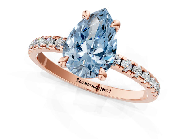 Rose gold Fancy Blue Pear Cut Diamond Brilliant Solitaire Ring with Pavé Band and Four-Prong Setting