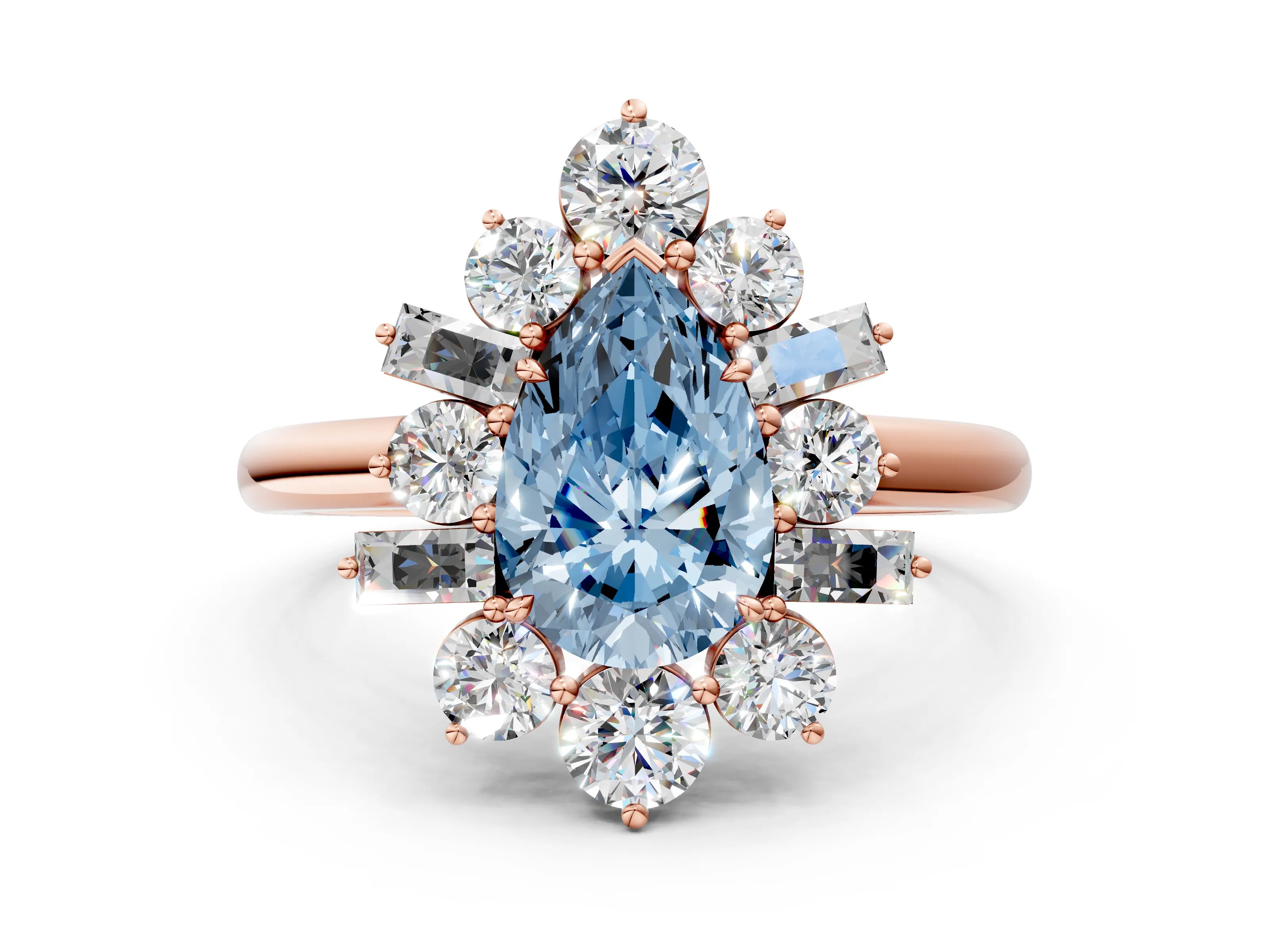 Rose gold Fancy Blue Pear Cut Diamond Cluster Ring with Round and Baguette Stones, Split Shank Band, Prong Setting