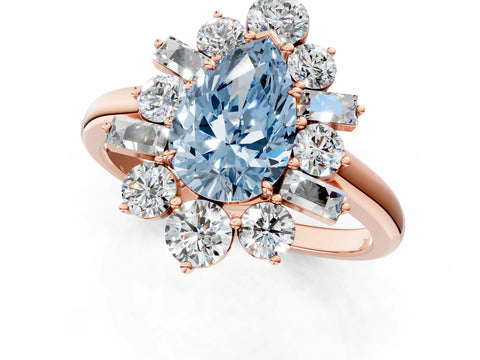 Rose gold Fancy Blue Pear Cut Diamond Cluster Ring with Round and Baguette Stones, Split Shank Band, Prong Setting_1