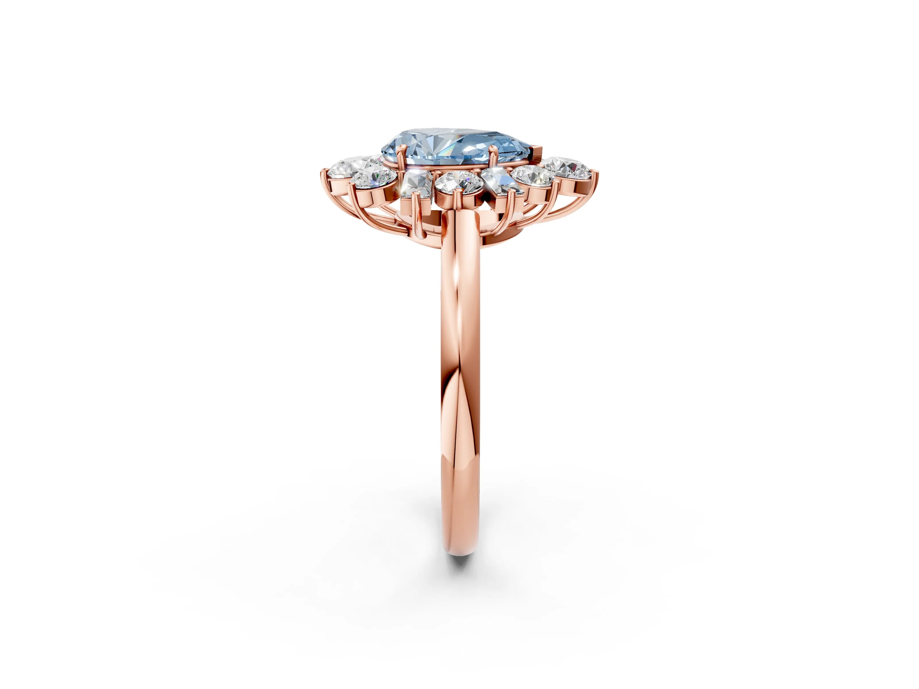 Rose gold Fancy Blue Pear Cut Diamond Cluster Ring with Round and Baguette Stones, Split Shank Band, Prong Setting_2