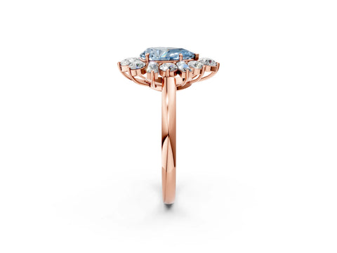 Rose gold Fancy Blue Pear Cut Diamond Cluster Ring with Round and Baguette Stones, Split Shank Band, Prong Setting_2